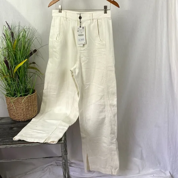 Zara Cream Ivory Cotton Wide Leg Split Hem Casual Pants NEW 8 - Image 2