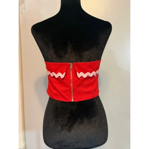 Idem Ditto Red Strapless Corset Top Pink Ric Rac Trim Zip Back Size L - Image 3