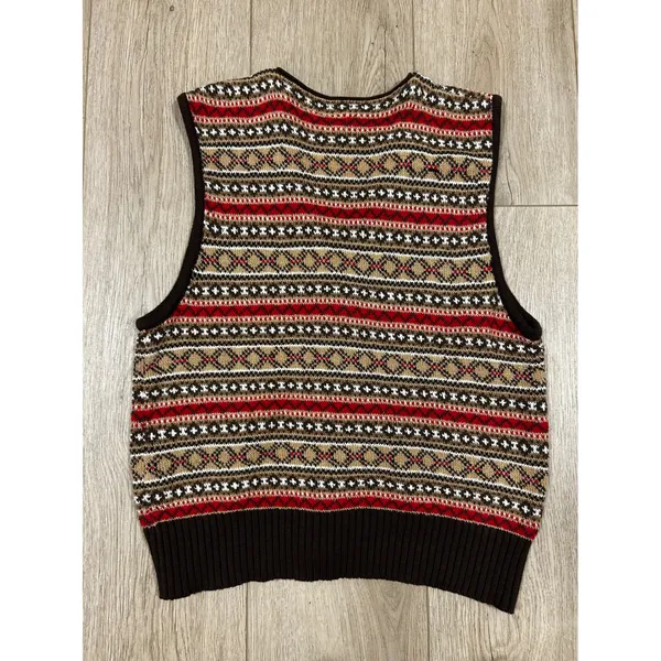 Vintage Lizsport Fair Isle Sweater Vest Brown Red Cotton Blend Button Front M - Image 4