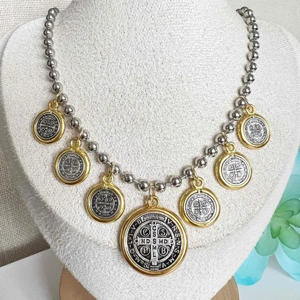 Anthropologie Gold Silver Plated Dangling Coins Necklace Beaded Chain stainless steel jewelry - Image 5