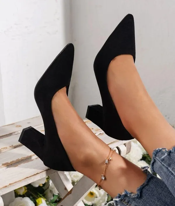 SheIn Pointed Toe Faux Suede Chunky Heeled Pumps - Image 2