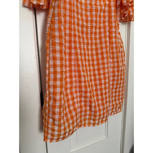 Orange Gingham Puff Sleeve Bustier Bodycon Mini Dress Sweetheart Neck Large - Image 6