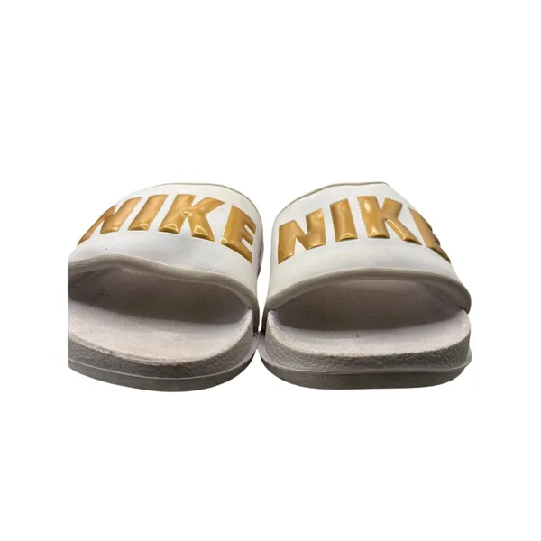 Nike White Size 6 Slide Sandals Gold Logo Casual Sporty Summer Footwear - Image 2
