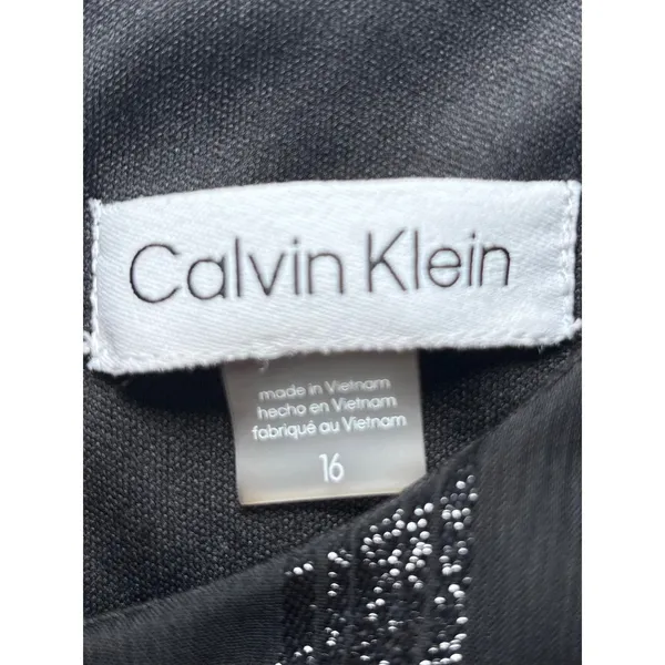 Calvin Klein Metallic Windowpane Trapeze Dress | Black | Size 16 | Sheer Sleeve - Image 8