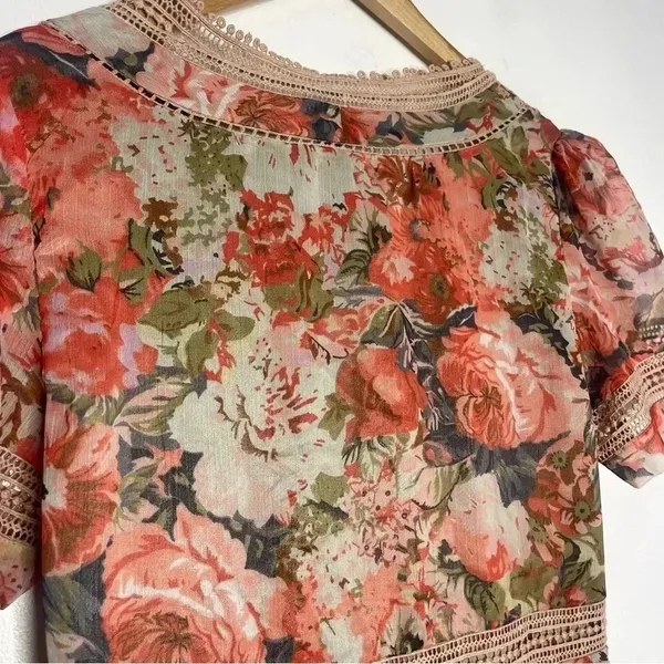 Ranna Gill Dress Floral V-Neck Embroidered Flowy Brown Rose Boutique Size 8 - Image 4