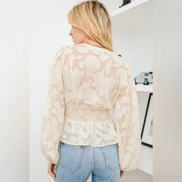 NWT Lulus Patio Date Ivory Floral Jacquard Button-Up Long Sleeve Top Size M - Image 2