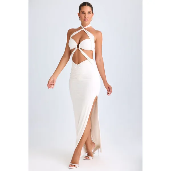 Oh Polly Kalyani White Cut Out Ruched Halter Maxi Dress NWT Size XS‎ - Image 4