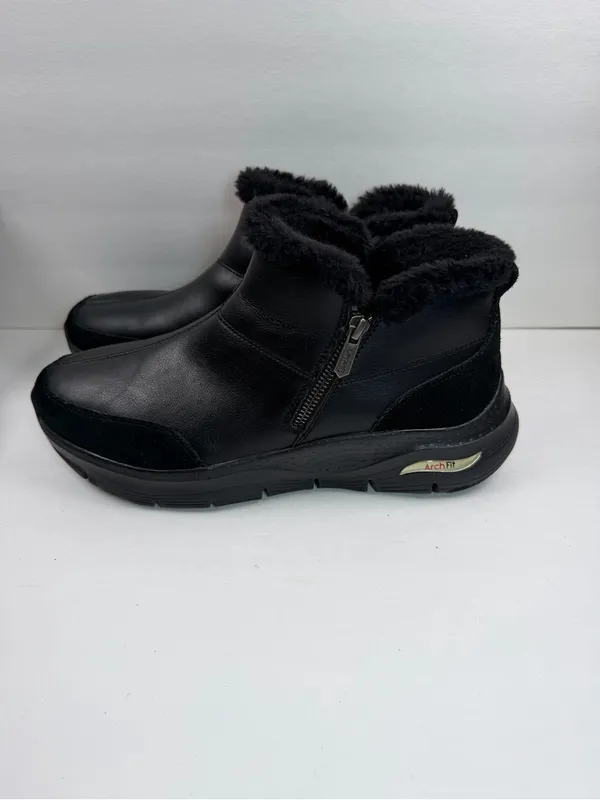 Skechers Arch Fit Women’s 11 Black Leather Faux Fur Ankle Boots Zip Comfort - Image 3