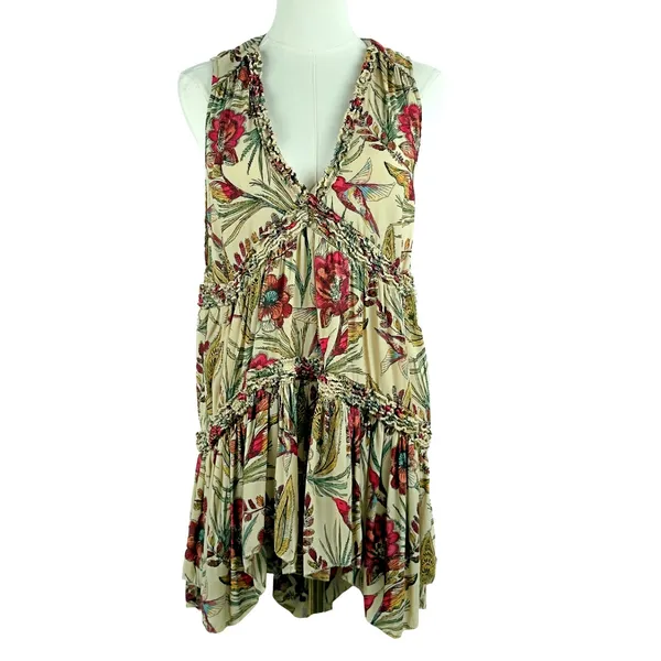 Free People Top Tan Pink Floral Haze Tiered Tunic Hummingbird Boho - Image 3