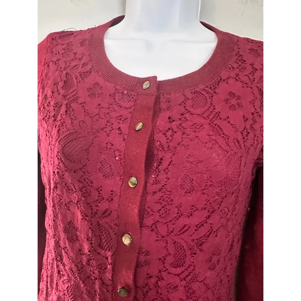 Banana Republic Small Maroon Lace Front Wool Blend Button Cardigan‎ Sweater - Image 3