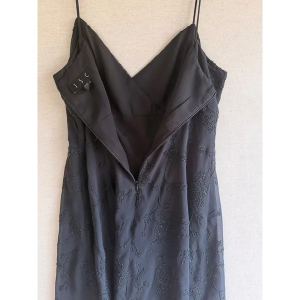JSC Vintage 90s Black Beaded Floral Mini Dress Spaghetti Strap Size 14 Wrap Neck - Image 10