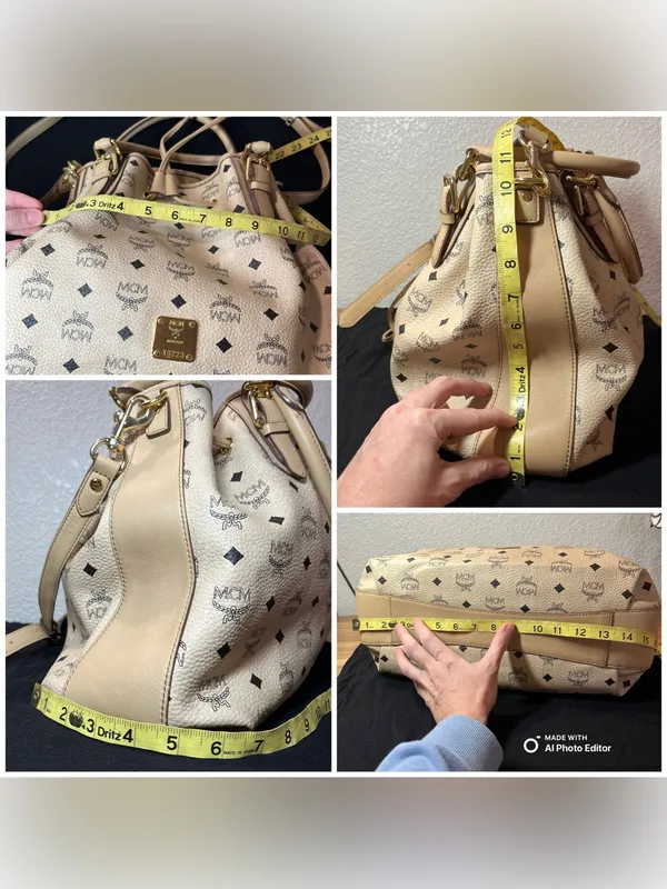 Vintage MCM Cream Visetos Monogram Drawstring Bucket Shoulder Bag Tote - Image 12