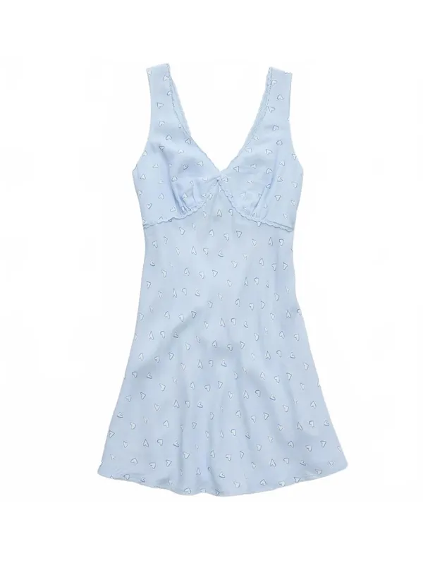 AE V-Neck Mini Slip Dress American Eagle NWT Blue White Hearts Size Medium - Image 4