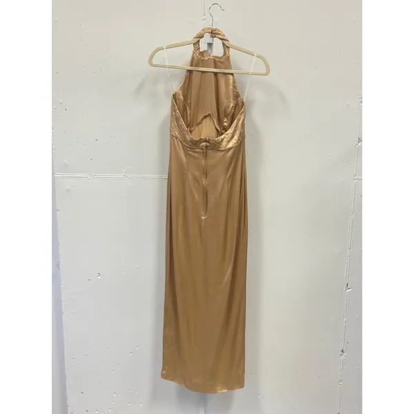 Vintage Jessica McClintock Gunne Sax Gold Satin Halter Maxi Dress Embroidered - Image 2