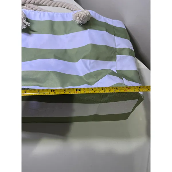 Sage Green and White Striped Canvas‎ Beach Tote Bag with Rope Handles Zip Top - Image 4