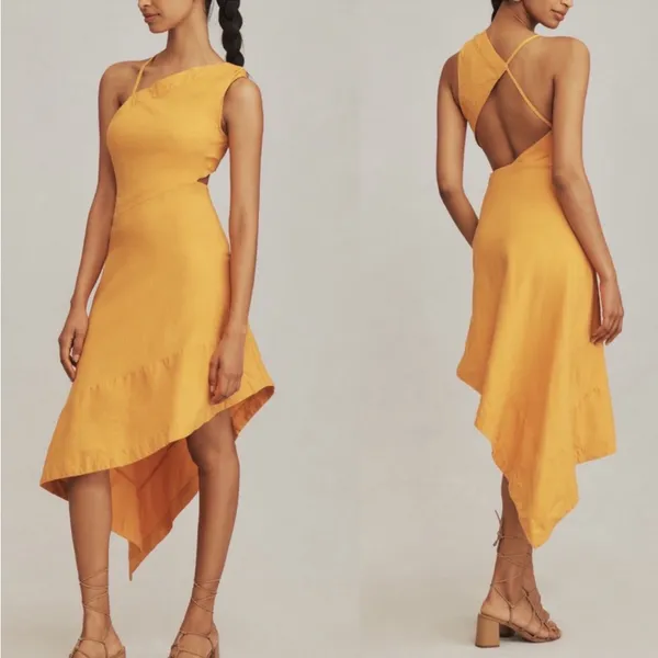 Anthropologie Sleeveless Asymmetrical Open Back Linen Midi Dress 14‎ Orange - Image 2