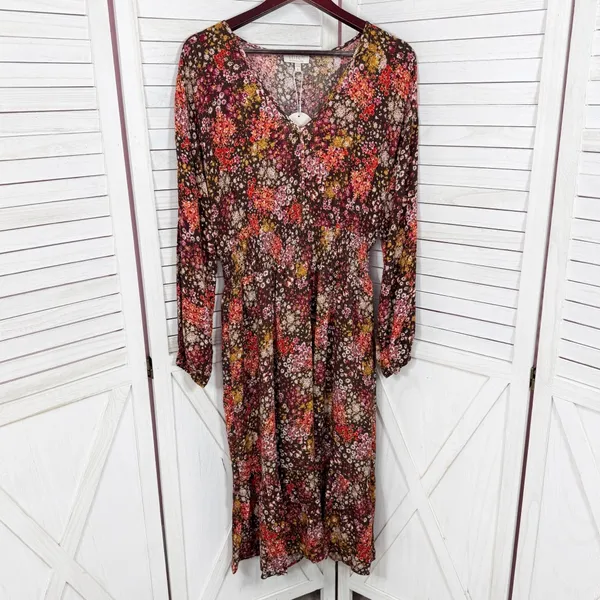 Cottagecore Floral‎ Smocked Waist Long Sleeve Boho Midi Dress Brown Multi Large - Image 6