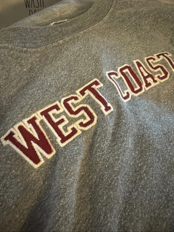 Brandy Melville Gray 'West Coast' Crop Sweatshirt with Maroon Lettering - Image 2