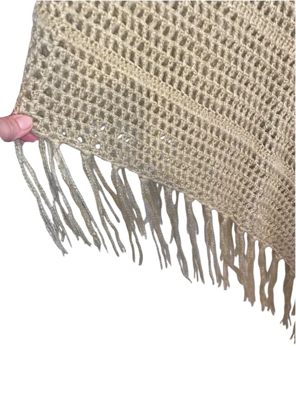 Vintage The Original Arizona Jean Co. Boho Crochet Knit Fringe Poncho Tan Fall - Image 5