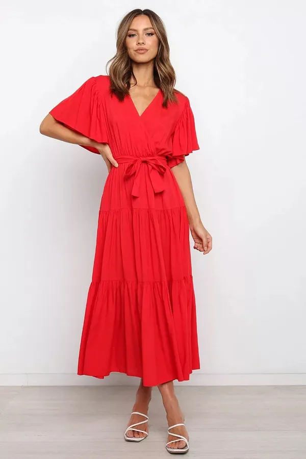 Boutique Bright Red V-neck Flutter Sleeve Midi Dress - Image 2