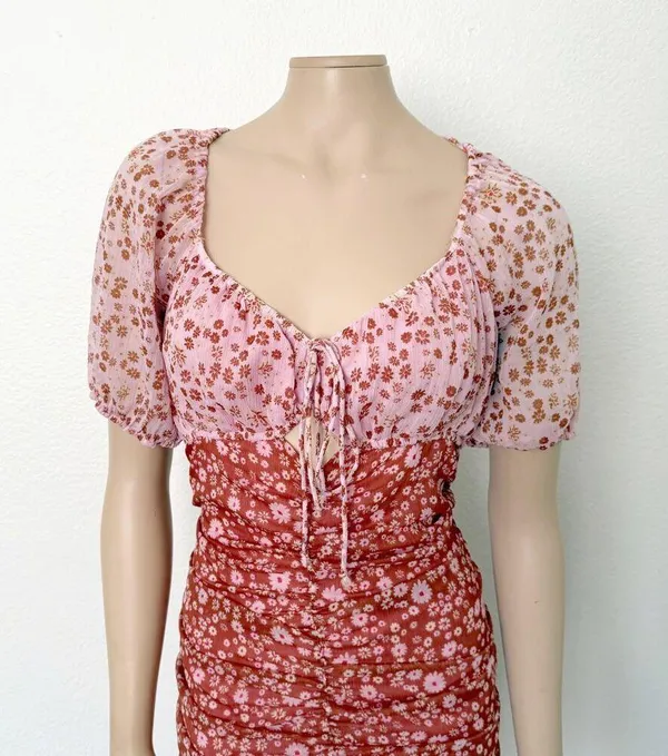 [Free People] Tessa Floral Puff Sleeve Ruched Open Back Mini Dress Size Large L - Image 4