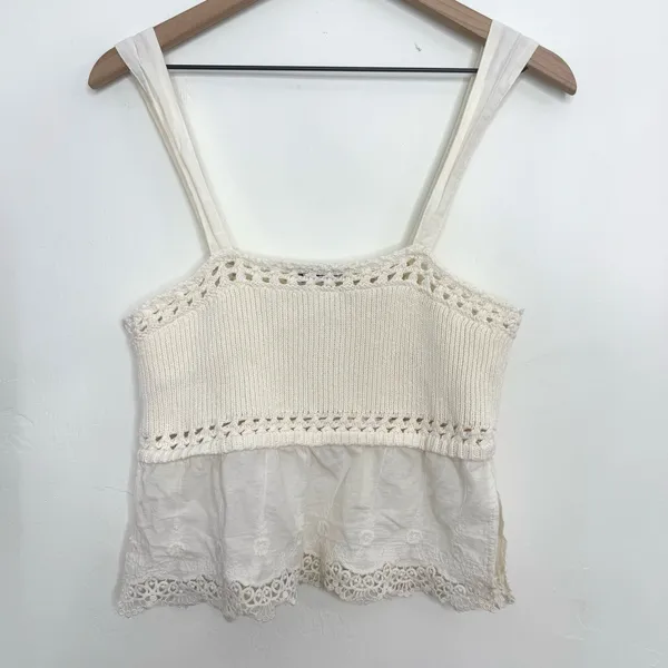 Zara Crochet Cropped Peplum Baby Doll Tank Top Cream White Size Medium - Image 6