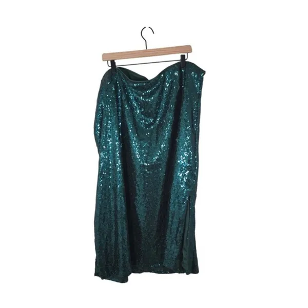ELOQUII Sequin Midi Skirt 28 Emerald Teal Green Elastic Waist Side Slit Party - Image 3
