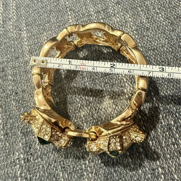 Nordstrom Gold lux Double Leopard Head Rhinestone Stretch Link Bracelet Green - Image 3