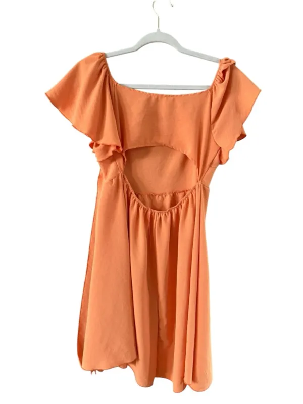 Women's See You Monday Orange Ruffle Sleeve Open Back Mini Dress M - Image 4