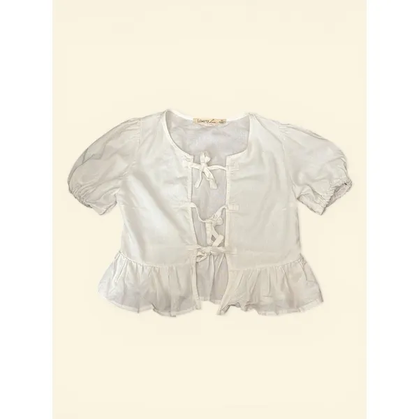 Liberty Love White Linen‎ Blend Tie Front Puff Sleeve Peplum Top XS - Image 2
