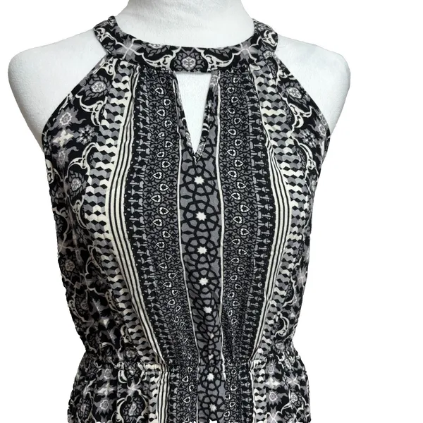 Maxi Dress Womens L Black‎ White Boho Chic Global-Print Tribal Halter Flowy - Image 2