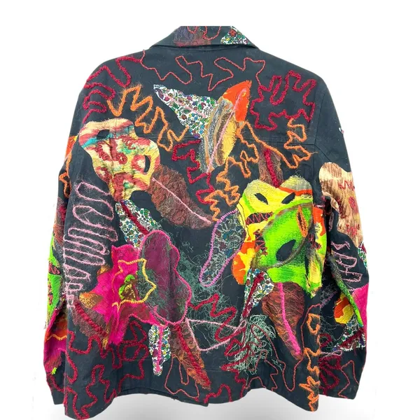 CHICO'S M embroidered applique denim button-up jacket blazer Mixed Media Art - Image 4