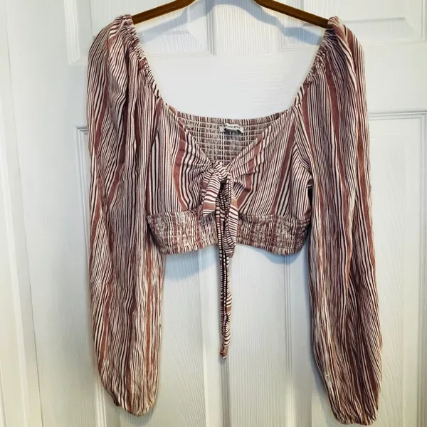 American Eagle Outfitters Striped Smocked Tie Front Crop Top Long Sleeve M - Image 3