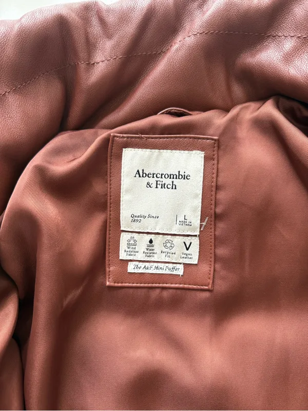 Abercrombie & Fitch Vegan Leather Mini Puffer Coat - Size Large - Cognac - Image 6