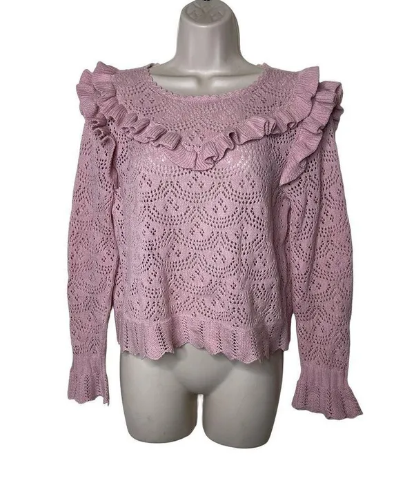 LOVESHACKFANCY Natalie Long Sleeve Pullover Sweater Pink Womens M - Image 2