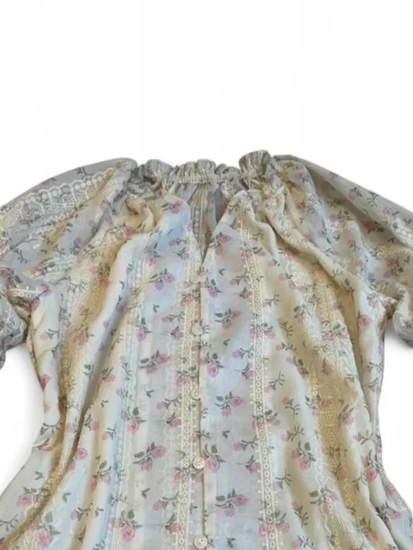 Cream Pink Floral Embroidered Puff Sleeve Blouse Cottagecore Feminine Victorian - Image 3