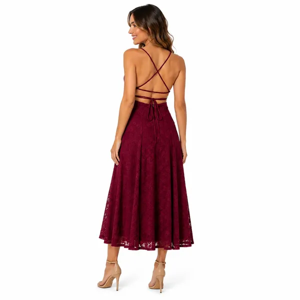AU D'AMOUR Womens Dress Size Small Burgundy Midi Open Back Cocktail Party - Image 2
