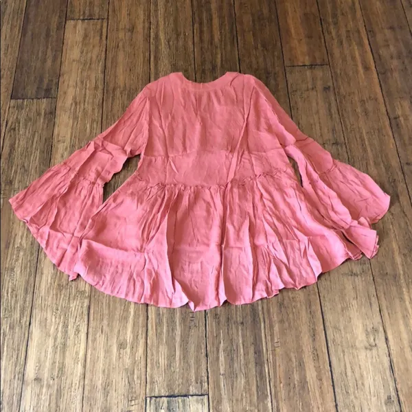 Coral Boho Crochet Lace Up V Neck Bell Sleeve Babydoll Hi Low Top Blouse Size S - Image 7