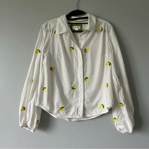 Anthropologie Maeve Embroidered Lemons Button Down Shirt Whimsy Euro Fruit - Image 2