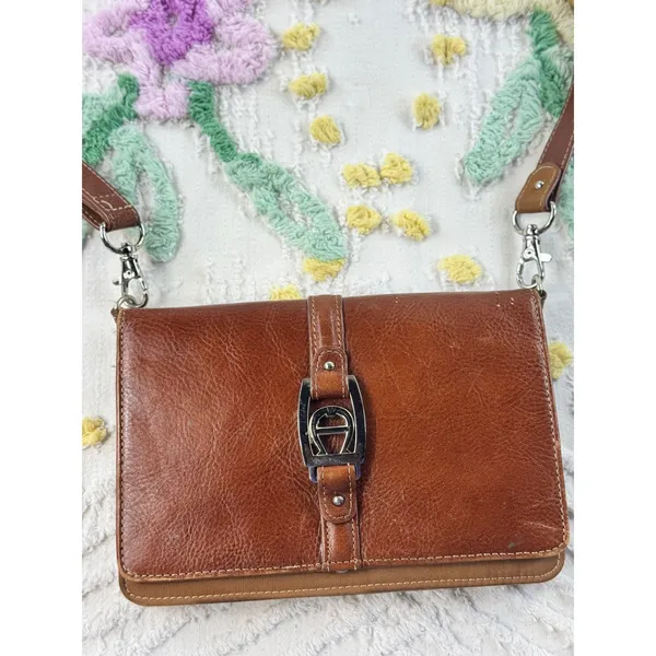 Etienne Aigner‎ Brown Leather Crossbody Wallet Bag 6500Q Cognac Silver Buckle - Image 2