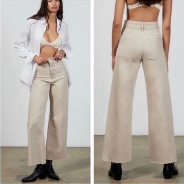 Zara Marine Straight Wide Leg Jeans Sz 0 Tan Beige High Rise Stretch - Image 2