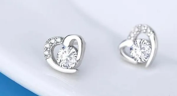 925 Sterling Silver Plated CZ Diamond Love Heart Stud Earrings for Women - Image 2