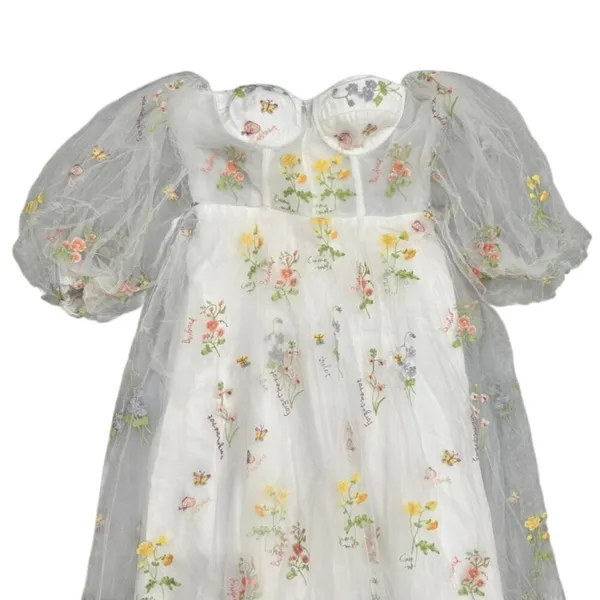 Women's Floral Embroidered Corset Maxi Puff Sleeve Dress in White, Size 12​​​ - Image 2