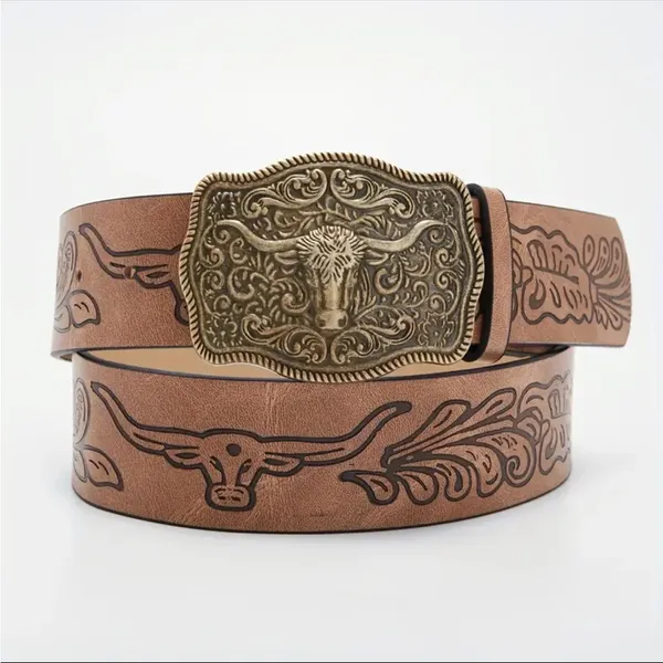 Western Bull Head Buckle Unisex‎ Belt Vintage Embossed Brown PU Leather Belt - Image 11