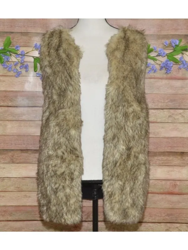 Brown Faux Fur Vest Womens L Black Sweater Knit Back Boho Western Open Front - Image 2