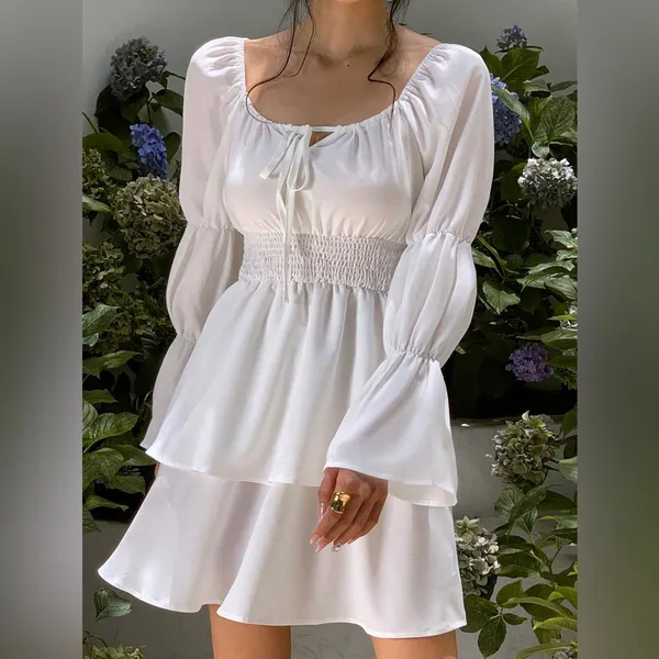White Ruffle Dress NWT Size XS Cottagecore Boho Off Shoulder Tiered Mini Earthy - Image 3