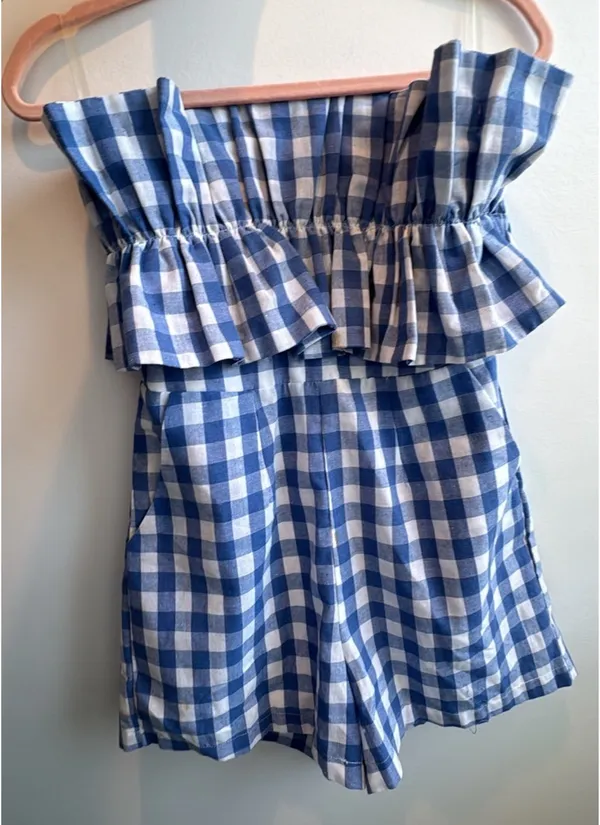 Entro Blue and White Gingham Strapless Romper - Image 4