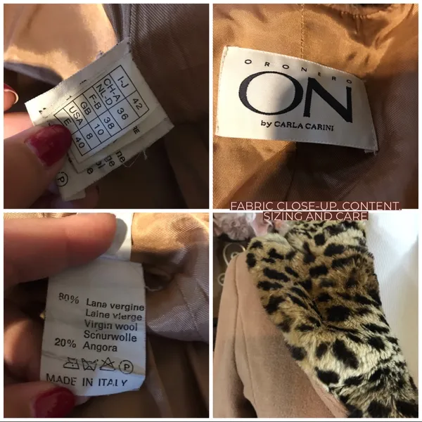 Oronero Tan Italian Wool & Animal Print Rabbit Fur Collar Coat (8) - Image 12