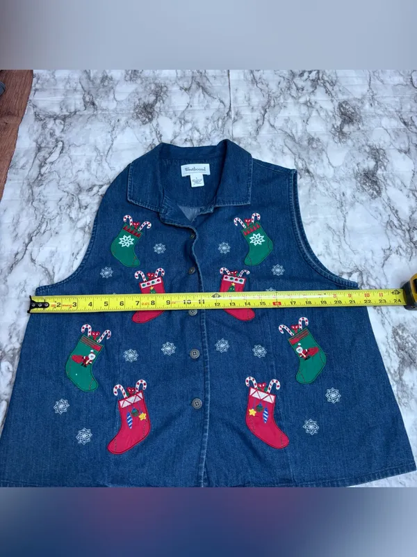 Westbound vintage Denim Holiday Vest Blue Red Green Stockings 90s large - Image 6