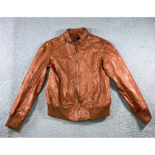 Faux Leather Bomber‎ Jacket Women 1X Cognac Brown Moto Zip Up Edgy Grunge Biker - Image 2